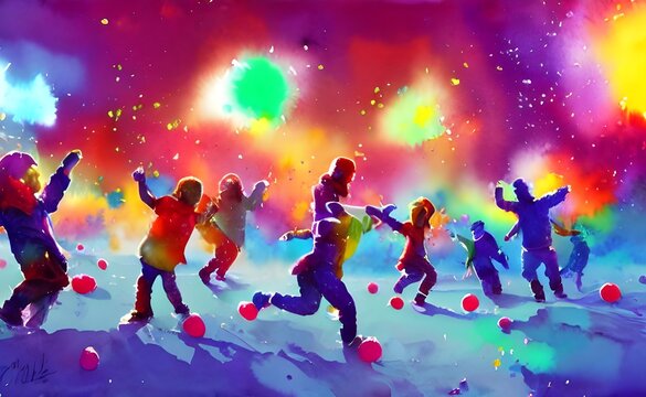 In the picture, kids are throwing snowballs and playing in the winter. They're laughing and having fun. The scene is so joyful that it makes you want to play in the snow too!