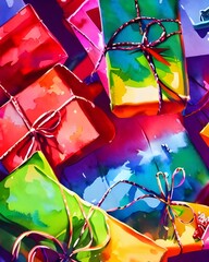 I see brightly wrapped presents under a Christmas tree. Some are small, some are large, and all of them have colorful bows on top.