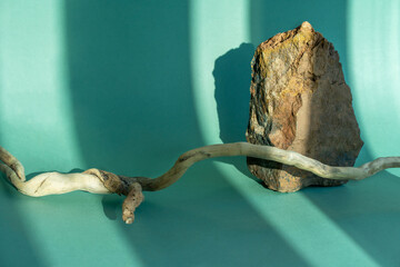 Composition empty podium material tree and stone. Product presentation. Background beige green. Beautiful background from natural materials.
