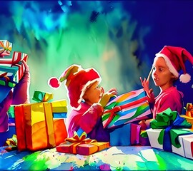 The kids are eagerly pulling at the wrapping paper, ripping it off in anticipation of what Christmas gifts lie underneath. Their faces light up with happiness as they hold up each new toy, shaking the