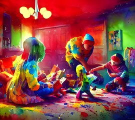 Obraz premium There are excited kids tearing open presents and laughing. Some are shaking gifts to try and guess what's inside. Bows and wrapping paper are strewn about, and there's a feeling of joy in the air.