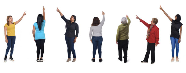 group of woman pointing on white background