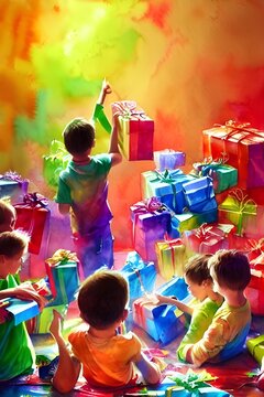 The kids are ripping open their presents with glee. They tear at the wrapping paper, eager to see what's inside. Excitement is written all over their faces.