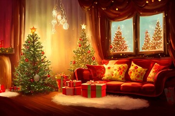 Cozy vintage Christmas holdiay decorated room, Christmas tree, fireplace, candles, toys, fur carpet and tartan plaid armchair.