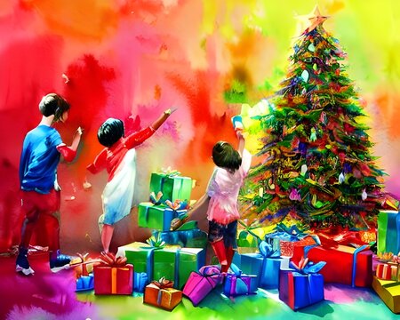 The kids are sitting around the Christmas tree, tearing open their presents. They are laughing and smiling, and enjoying the holiday season.