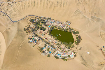 Aerial view of the desert oasis of Huacachina near the city of Ica in Peru.