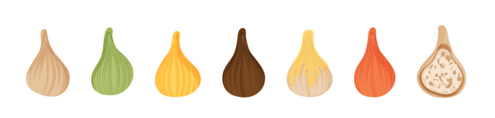 Set of steamed modak vector illustration isolated on white background. Traditional Indian food. Sweet festive dumplings of different taste and colors. Clip art elements