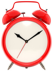 Alarm clock, vintage style red color clock with black hands. PNG clipart isolated on transparent...