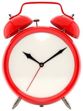 Alarm clock, vintage style red color clock with black hands. PNG clipart isolated on transparent background