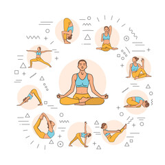 Yoga web banner. Infographics with linear icons
