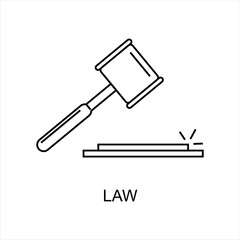 Law linear icon. Linear icon of law hammer with stand. Black simple illustration of court hearing, legal dispute resolution, judgment. Contour isolated vector illustration on white background
