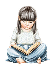 Watercolor imaginary characters cute little asian girl with black hair in blue dress sitting on the floor and read book isolated on white background. Hand drawn illustration sketch