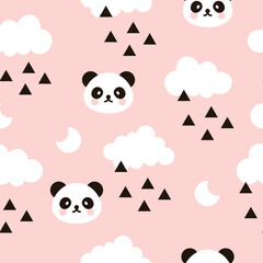 scandinavian style pink sky seamless pattern with kawaii face panda bear and clouds, moon and triangles. Kids fabric and textile vector design.