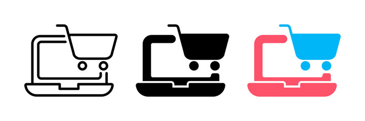Black Shopping cart on screen laptop icon isolated on white background. Concept e-commerce, e-business, online business marketing. Set icons colorful.