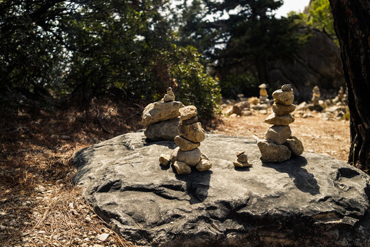 Stack of zen stones,Stack of stones on top of the mountain. Pile of rocks stone and mountains. Balanced stone for meditation, Zen like.yoga, calming the mind and relaxation concept