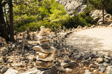 Stack of zen stones,Stack of stones on top of the mountain. Pile of rocks stone and mountains. Balanced stone for meditation, Zen like.yoga, calming the mind and relaxation concept