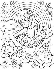 Ballerina and cotton candy. Coloring book with ballerina. Dancing. Black and white vector illustration.