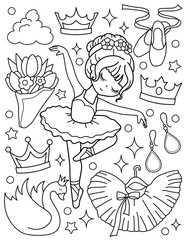 Cute ballerina with a crown, a bouquet of flowers, pointe shoes. Coloring book with ballerina. Dancing. Black and white vector illustration.