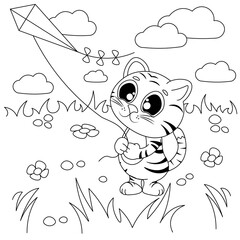 Vector coloring pages with cute tiger cub playing with a kite. Cartoon contour illustration isolated on white background