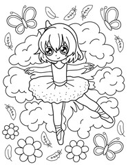 A ballerina dances against the backdrop of clouds, butterflies, flowers and feathers. Coloring book with ballerina. Dancing. Black and white vector illustration.