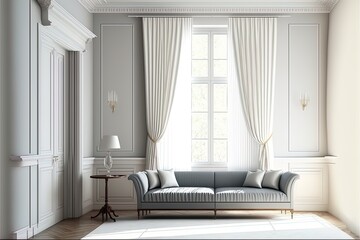 Home Living Room, Apartment Hall Realistic 2D Illustrated Sunny Interior In Classic Style With Empty Grey Wall Behind Soft Sofa, Long White Curtain On Window Rod, Glossy Laminate On Floor Illustration