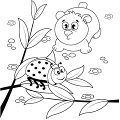 A cute little bear is watching a cocoon. Cartoon contour illustration isolated on white background