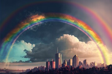 Rainbow In The Sky With View Of The City