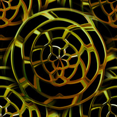 Fototapeta premium Yellow-black rounded seamless texture on a background with yellow and black shades. 3D image of a ball with a mesh pattern. 