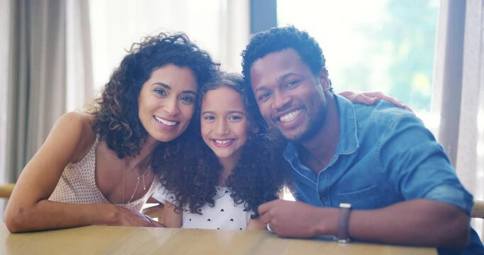 Home, Interracial And Family Hug Portrait In The USA With Mexican Mom And African American Dad. Love, Care And Smile Of Young Child In House With Happy Mother And Father On The Weekend.