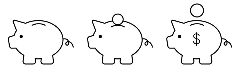 Piggy Bank Icon Set. Outline Icons. Vector illustration isolated on white background