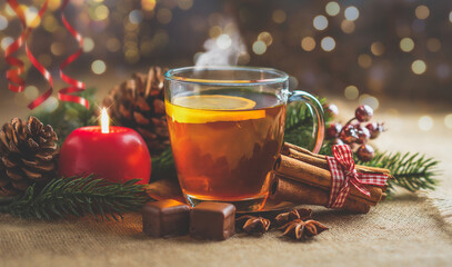 Lemon tea in glass cup on christmas background