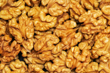 Walnuts background. Kernels walnuts. Top view. Vegetarian or healthy food