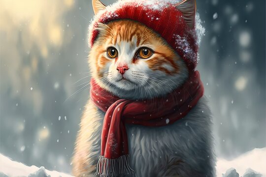 Cute Cat In Red Hat And Scarf Sitting On Snow