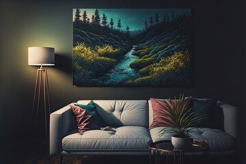 Nature Forest Landscape At Night Scene With Long River Flowing Through The Meadow