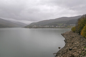 Eugi and its reservoir on a gray autumn day. Esteribar, Navarra