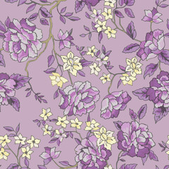 Full seamless purple floral pattern retro illustration. Ornamental garden flowers and leaves vintage design for fabric print.