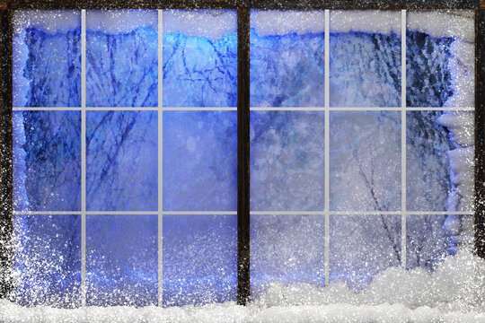 Frozen window frame with snow falling outside. Christmas background. 3D render illustration.