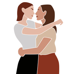 Lesbian love couple. Homosexual girl kissing, hugging happy woman partner. LGBT female partners of different race in romantic relationship. Flat vector illustration isolated on white background