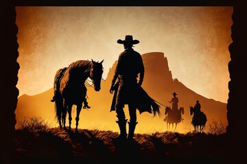Cowboy With Horses Silhouette Scene