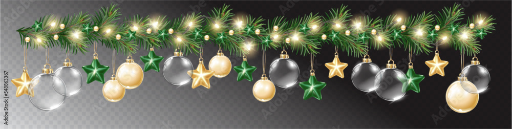 Wall mural Vector Christmas decoration. Transparent light garlands and glass decoration elements on abstract background. 