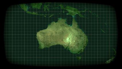 Intentional distortion: an old color CRT TV monitor, showing a static satellite view of Australia (continent). Concepts: surveillance, global communications, old-timey spy story.
