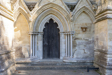  Salisbury Wiltshire, uk, 10, October, 2022 door arch of Salisbury cathedral,  English gothic architecture