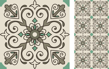 Seamless Azulejo tile. Portuguese and Spain decor. Ceramic tile. Seamless Floral pattern. Vector hand drawn illustration, typical portuguese and spanish tile