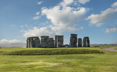 Stonehenge with Blue Sky and white fluffy clouds