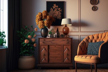 Stylish Interior With Design Wooden Commode, Stool, Dried Flowers In Vase, Unique Decoration, Carpet, Frame And Elegant Personal Accessories. Modern Living Room In Classic House.