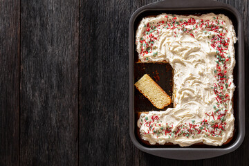 vanilla sheet cake with frosting, top view