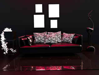 Avant-garde style living room interior with dark colors and neon purple glow, decoration of paintings and sculptures. Avant-garde interior design. 3d illustration.