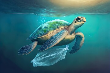 Obraz premium Sea Turtle Trapped In Plastic Bag Floating On Ocean Water Surface Stop Pollution Save Nature Earth Planet And Wild Animals Ecological World Environment Day Concept Cartoon 2D Illustrated Illustration