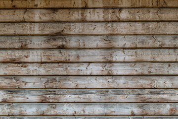 Wooden facade background of a rustic house made of wooden beams in a mountains Carpathian village, Western Ukraine, Europe, closeup