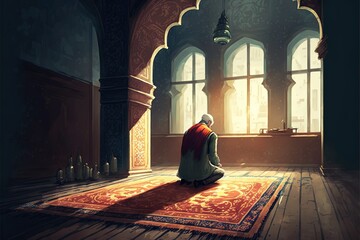 A Muslim Man Prays On Prayer Rug In The Mosque Illustration